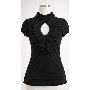 Free 2 Luv Black Ruffled Keyhole Cap Sleeve Top S